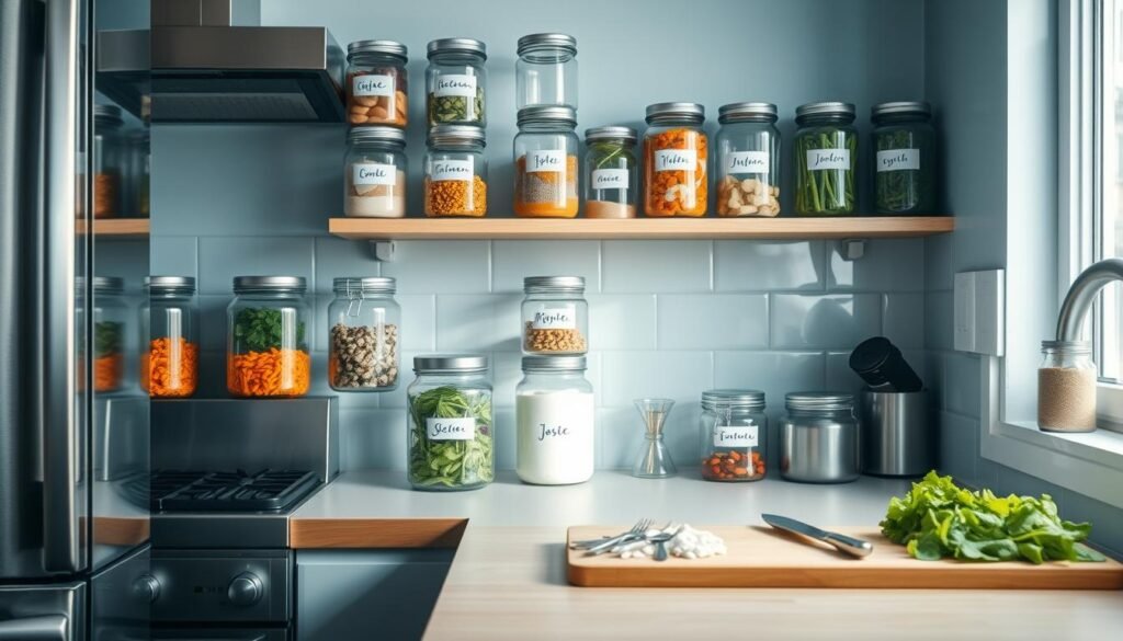 A neatly organized kitchen counter, bathed in soft, natural lighting. Stainless steel appliances gleam, contrasting with the warm wood tones and light blue accents. Rows of glass jars filled with prepped ingredients line the shelves, each labeled in a neat, handwritten script. A cutting board holds freshly chopped vegetables, ready to be added to a meal. The scene exudes efficiency, practicality, and a sense of calm - the perfect environment for meal preparation to fuel a productive workday.