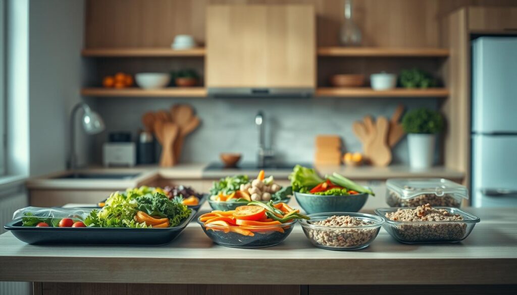 A neatly organized kitchen counter displays an array of freshly prepared meals, each one a testament to the versatility of weekday meal prep. Colorful vegetables, lean proteins, and grains come together in harmonious compositions, their vibrant hues and enticing textures captured in soft, natural lighting. The minimal, wooden-toned space exudes a sense of calm and efficiency, inviting the viewer to imagine the nourishing and delicious possibilities that await. The scene conveys a mood of simplicity, practicality, and a celebration of the joys of varied, nutritious office lunches.