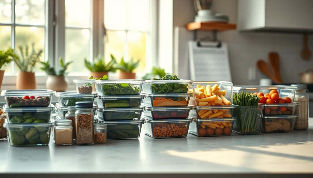 A neatly organized kitchen counter displays an array of meal prep containers, each filled with fresh, vibrant ingredients. Spices, herbs, and kitchen tools are arranged with precision, hinting at the culinary expertise within. The soft, natural lighting from large windows casts a warm glow, creating a serene and inviting atmosphere. In the background, a calendar or planner denotes the weekly meal schedule, a testament to the thoughtful planning behind this efficient 