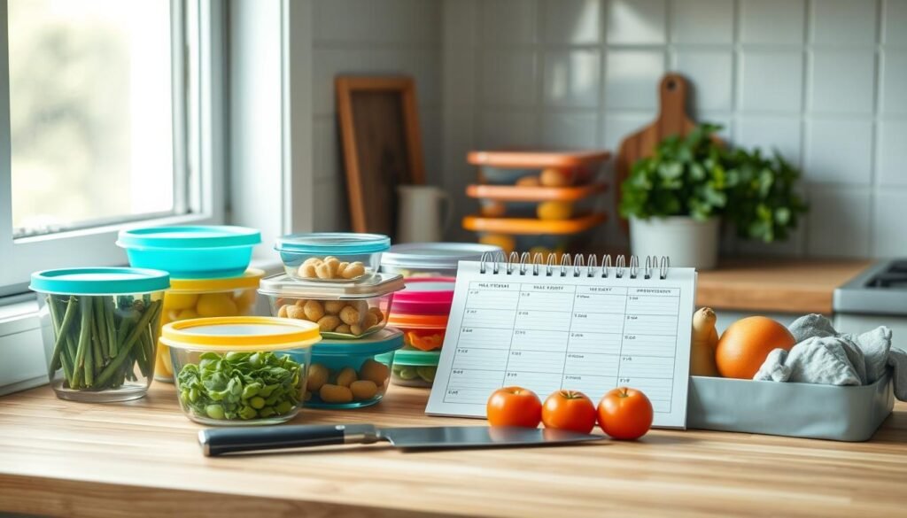 A neatly organized kitchen counter displays an array of meal prep essentials: colorful glass containers, a weekly meal planner, a sharp chef's knife, and a selection of fresh produce. Soft natural light filters in through a nearby window, casting a warm glow on the scene. The wooden textures and light blue accents create a cozy, minimalist atmosphere, inviting the viewer to imagine planning and prepping a week's worth of healthy, delicious meals.