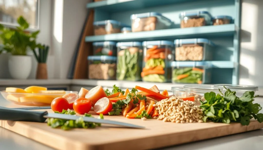 A neatly organized kitchen counter showcases a high-protein meal prep routine. In the foreground, a cutting board displays freshly chopped vegetables, lean proteins, and healthy grains. Behind it, glass containers filled with pre-portioned meals sit on the light blue shelves, ready to be grabbed for the week ahead. Natural light streams in through the window, casting a warm glow on the scene. The overall atmosphere is one of efficiency, mindfulness, and a commitment to nourishing the body. The image captures the essence of incorporating a 