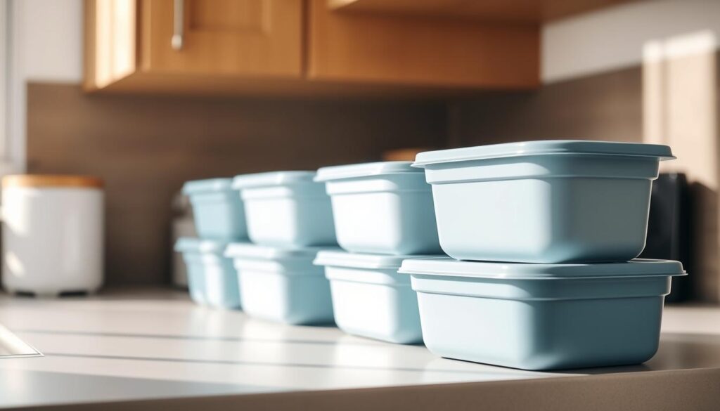 A neatly organized kitchen counter showcases a row of identical meal prep containers, their lids stacked beside them. The containers have a sleek, minimalist design in a light blue hue that complements the warm wooden tones of the surrounding cabinetry. Soft, diffused lighting casts a gentle glow over the scene, creating a sense of tranquility and efficiency. The containers are arranged in a precise, symmetrical manner, conveying a thoughtful, methodical approach to meal preparation. The overall composition suggests a well-planned and executed system for freezer organization, perfectly aligned with the article's focus on batch cooking and energy-efficient oven utilization.