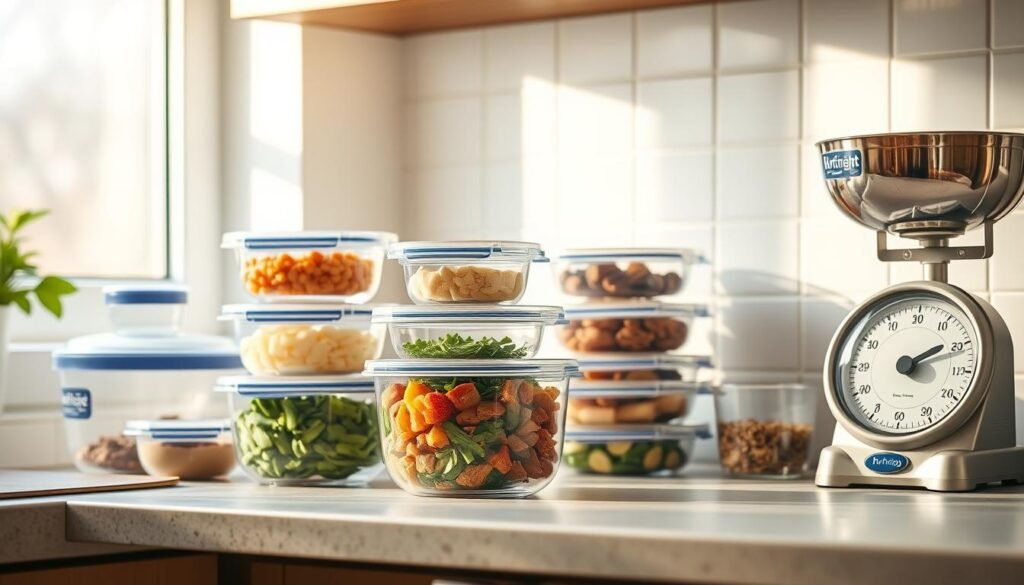 A neatly organized kitchen counter showcases a variety of airtight food storage containers, portion-controlled meal prep bowls, and a scale for precisely measuring ingredients. The soft, natural lighting filters through a nearby window, casting a warm glow on the carefully arranged display. The overall scene conveys a sense of efficiency, control, and a commitment to thoughtful meal planning.