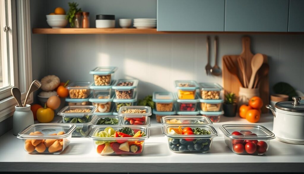 A neatly organized kitchen counter showcases a variety of meal prep containers, each filled with portioned and color-coordinated ingredients. Fresh produce, spices, and cooking utensils are artfully arranged, creating a sense of intentional planning. Soft, natural lighting from a nearby window casts a warm glow, illuminating the scene. The minimalist design, with light blue accents and clean wooden textures, conveys a calming, efficient atmosphere ideal for weekly meal prep.