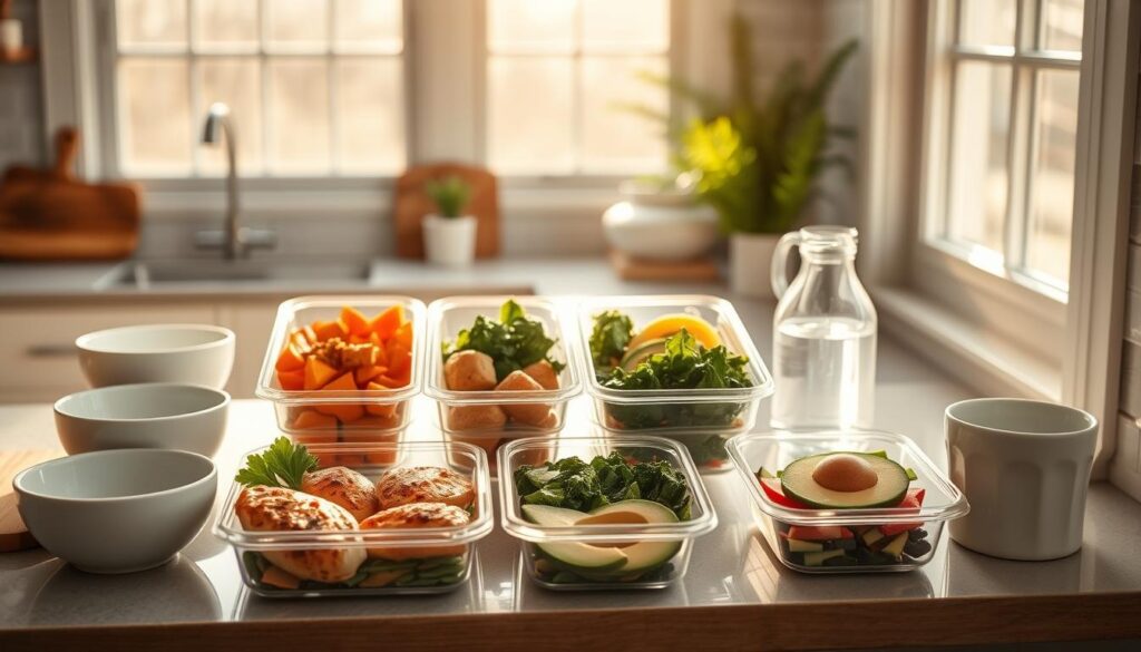 A neatly organized kitchen counter showcases a variety of paleo-friendly meal prep containers, filled with an assortment of fresh ingredients: grilled chicken breasts, roasted sweet potatoes, sautéed kale, and sliced avocado. Sunlight streams in through large windows, casting a warm, natural glow over the scene. Wooden cutting boards, a set of minimal white ceramic bowls, and a sleek glass jar of filtered water complete the simple, yet elegant setup. The overall atmosphere is one of intentionality and mindfulness, capturing the essence of an advanced paleo meal prepping strategy.
