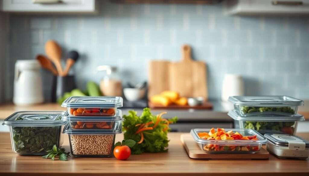 A neatly organized kitchen counter showcases an array of cost-effective meal prep ingredients - fresh vegetables, grains, and lean proteins. Soft, diffused lighting illuminates the scene, casting a warm, inviting glow. In the foreground, a set of reusable meal prep containers stands ready, while in the middle ground, a cutting board with chopped produce hints at the simple, nutritious meals to come. The background features a minimalist, light blue-accented backsplash, conveying a sense of calm and efficiency. The overall atmosphere emanates practicality and mindfulness, inspiring the budget-conscious home cook to embark on a journey of cost-effective, wholesome dinner meal prep.