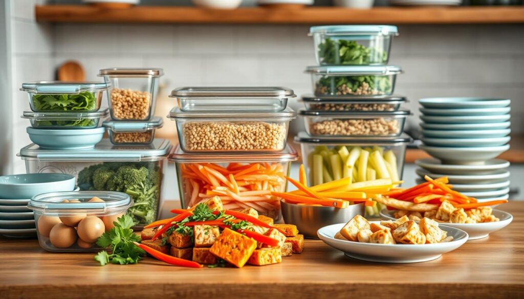 A neatly organized kitchen counter showcases an array of meal prep containers and serving dishes. Glass and stainless steel vessels in various sizes sit atop a wooden surface, accented by light blue ceramic bowls. Vibrant vegetables, grains, and proteins are elegantly arranged, hinting at the delicious Asian-inspired meal to come. Soft, natural lighting illuminates the scene, creating a calming, inviting atmosphere. The composition emphasizes efficiency and functionality, reflecting the practical nature of the 