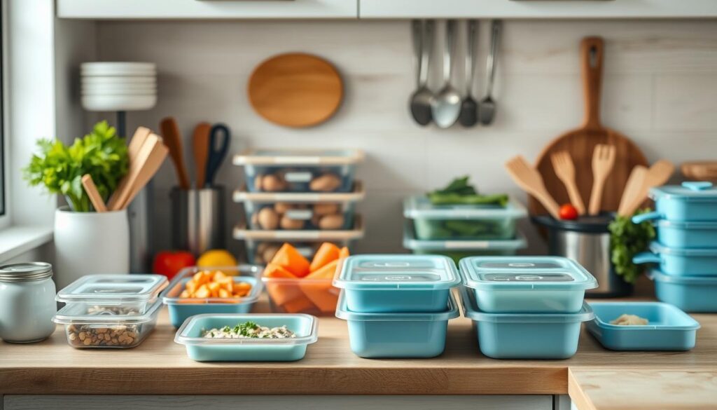 A neatly organized kitchen counter showcases an array of meal prep containers, fresh ingredients, and cooking utensils. The scene exudes a sense of order and intentionality, capturing the essence of &amp;quot;The Art of Meal Prep for Work.&amp;quot; Soft, natural lighting illuminates the scene, highlighting the wooden textures and light blue accents that create a calming, minimalist atmosphere. The absence of hands suggests a methodical, thoughtful approach to planning nutritious work lunches, inviting the viewer to envision themselves embarking on this task. The overall composition conveys a sense of efficiency, practicality, and a dedication to well-balanced, appetizing meals.