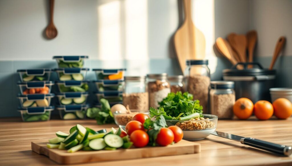 A neatly organized kitchen counter showcases an array of meal prep containers, fresh produce, and cooking utensils. The warm, soft lighting casts a cozy glow, highlighting the simplicity and efficiency of the space. In the foreground, a cutting board displays sliced vegetables, while in the middle ground, a set of glass jars filled with grains and spices suggest the making of a well-balanced, budget-friendly meal. The background features minimal, light blue accents that complement the natural wood tones, creating a harmonious and inviting atmosphere for the benefits of meal prepping.