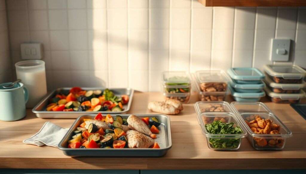 A neatly organized kitchen counter showcases an array of meal prep essentials - a sheet pan laden with roasted vegetables, seasoned chicken breasts, and a variety of portioned containers. The scene is bathed in soft, warm lighting, casting a cozy glow on the wooden surfaces and light blue accents. The clean, minimalist atmosphere conveys a sense of efficiency and intentionality, inviting the viewer to imagine the ease of assembling balanced, nutritious meals with this streamlined approach to meal prep.