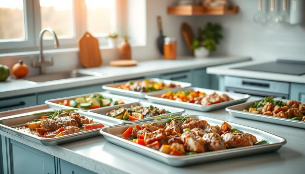 A neatly organized kitchen counter showcases an array of sheet pans, each filled with a variety of marinated meats, vegetables, and seasonings. The soft, natural lighting filters through the windows, casting a warm, inviting glow over the scene. The clean, minimalist design of the space is accentuated by the light blue accents, creating a calming and efficient atmosphere. The carefully arranged ingredients suggest a well-planned, time-saving meal prep routine, ready to be transformed into a delicious and nourishing sheet pan dinner.