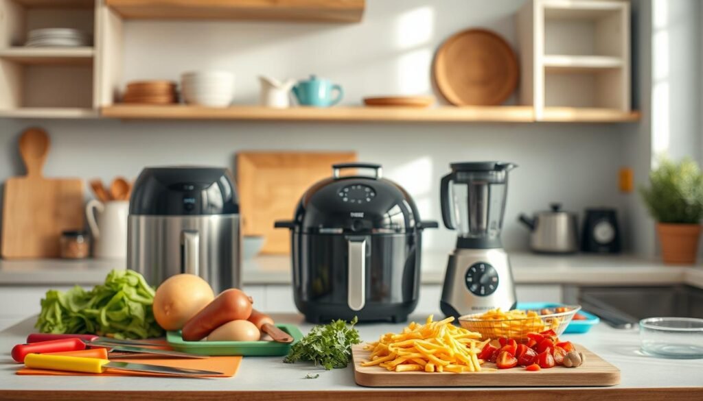 A neatly organized kitchen counter showcases an array of time-saving meal prep hacks. In the foreground, colorful cutting boards, sharp knives, and various prepped ingredients are meticulously arranged. In the middle ground, a compact air fryer, a slow cooker, and a multi-purpose blender stand ready to streamline the cooking process. The background features minimalist wooden shelves, light blue accents, and a subtle natural light illuminating the scene, creating a serene and efficient atmosphere for effortless meal assembly.