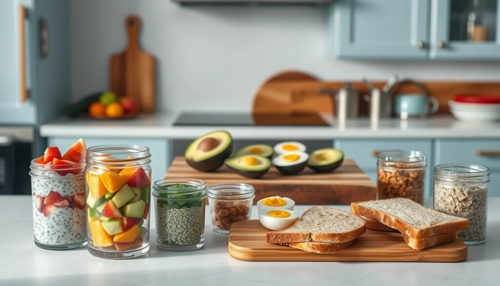 A neatly organized kitchen counter showcases an assortment of freshly prepared low-sugar breakfast options. In the foreground, a variety of glass containers hold overnight oats, chia seed pudding, and sliced fruit. In the middle ground, a cutting board displays halved avocados, boiled eggs, and whole grain toast. The background features a clean, minimalist aesthetic with light blue cabinetry and warm wooden accents, creating a calming and inviting atmosphere. The lighting is soft and natural, accentuating the textures and colors of the healthy meal prep items. No hands are visible, emphasizing the organized and well-thought-out nature of this low-sugar breakfast spread.