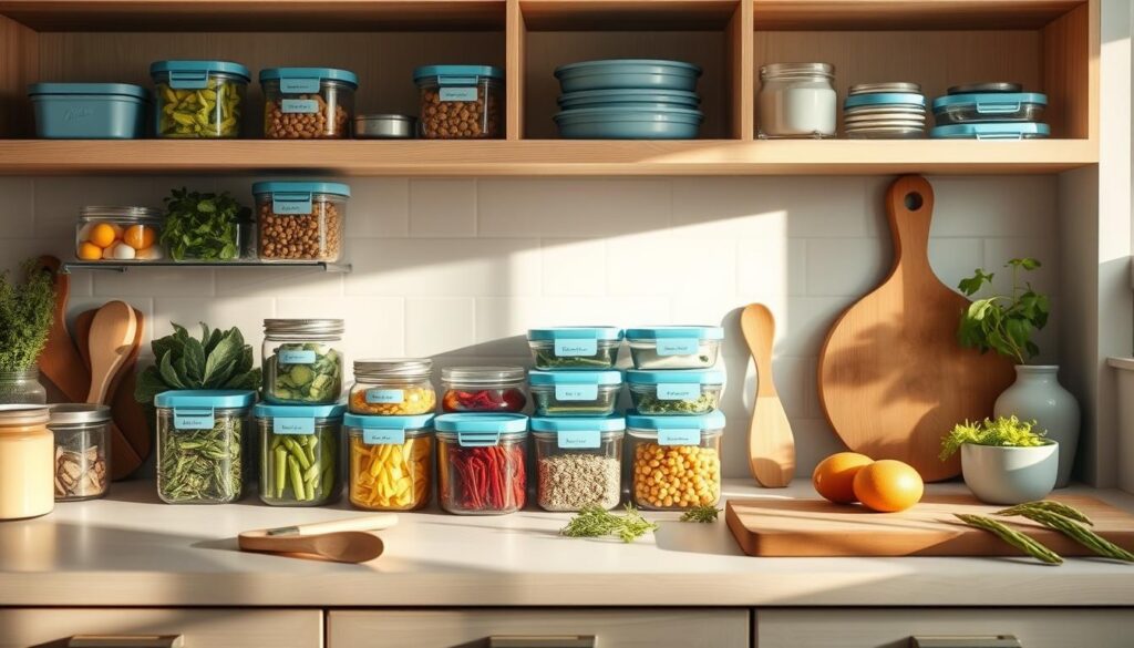 A neatly organized kitchen counter showcases an assortment of meal prep containers, each filled with fresh ingredients. The soft, natural lighting casts a warm glow on the wooden textures, while light blue accents add a calming touch. Carefully labeled jars and containers line the shelves, creating a sense of order and efficiency. Chopping boards, utensils, and a few fresh herbs complete the scene, all arranged in a visually appealing and practical manner. The overall atmosphere evokes a sense of mindfulness and intentionality, perfectly suited for the "Step-by-Step Guide to Setting Up Your Meal Prep" section of the article.