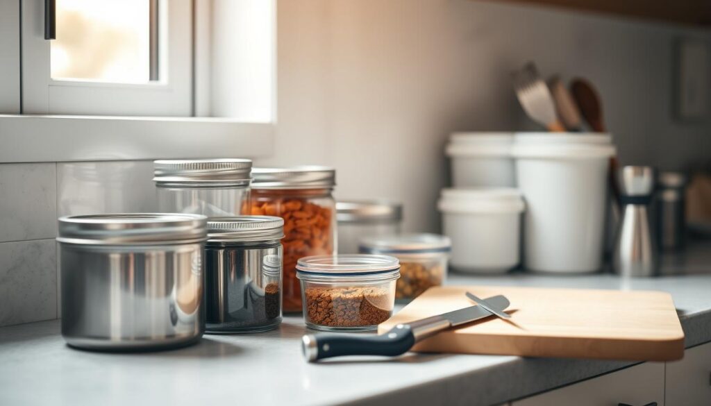 A neatly organized kitchen counter showcases an assortment of meal prep containers in various sizes and shapes. Stainless steel and glass jars with airtight lids sit alongside a set of sleek, minimalist utensils - a cutting board, a chef's knife, and a small spice grinder. Soft, natural lighting filters through a nearby window, casting a warm glow over the scene. The overall atmosphere is one of efficiency and thoughtful preparation, reflecting the care and consideration that goes into crafting flavorful, aromatic meals.