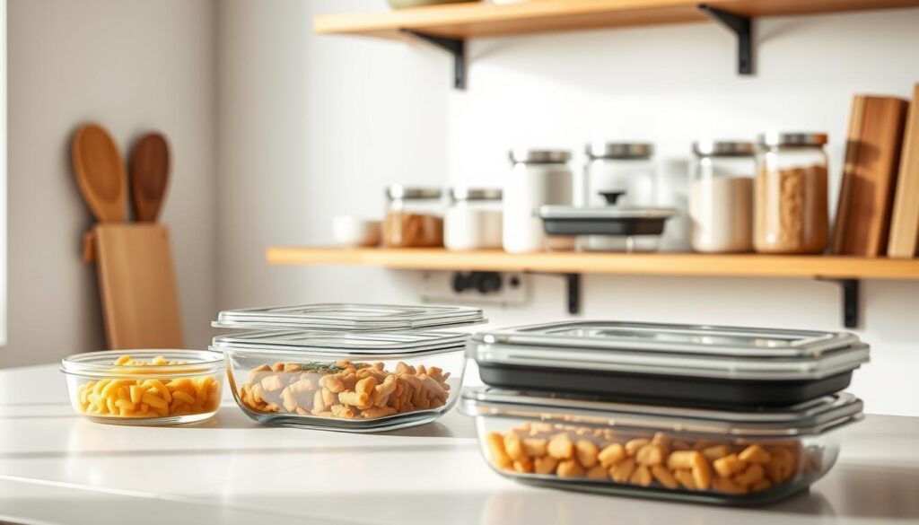 A neatly organized kitchen counter showcases various casserole storage solutions, including glass meal prep containers with airtight lids, reusable silicone food covers, and stackable glass dishes. A soft, natural lighting illuminates the scene, highlighting the clean lines and muted color palette of the minimalist decor. In the background, a wooden shelf displays coordinating canisters and jars, creating a harmonious, efficient meal prep area.