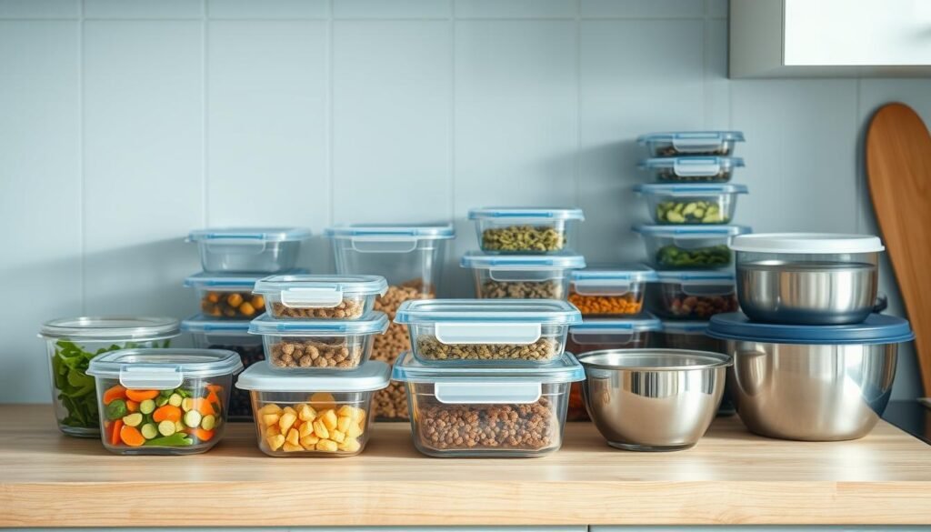 A neatly organized kitchen counter showcases various glass containers, BPA-free plastic boxes, and stainless steel meal prep bowls in a minimalist, light blue-accented setting. Wooden textures provide a natural, warm backdrop, while gentle, overhead lighting casts a soft, comforting glow. The arrangement demonstrates efficient storage solutions for meal prepping, with containers of different sizes, shapes, and lids to accommodate a variety of nutritious, make-ahead components. The image conveys a sense of mindful organization and practical tips for maintaining a well-stocked, plant-based meal prep routine.