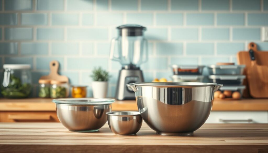 A neatly organized kitchen counter showcases various glass containers, cutting boards, and cooking utensils. In the foreground, a set of stainless steel mixing bowls in varying sizes sit atop a natural wood surface, ready for batch cooking preparations. The middle ground features a sleek, minimal blender, a pair of meal prep containers, and a small plant providing a touch of greenery. The background is softly lit, highlighting the light blue wall tiles and creating a warm, inviting atmosphere for efficient dinner meal prepping.