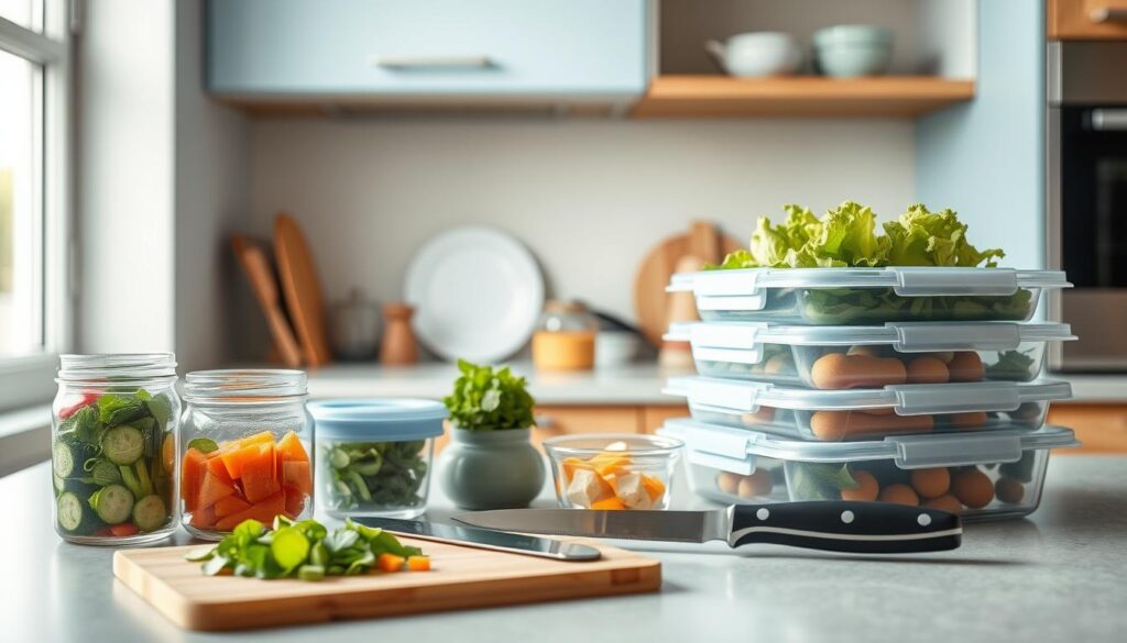 A neatly organized kitchen counter showcases various meal prep tools and containers. In the foreground, reusable glass jars and plastic meal-prep boxes stand ready to be filled with fresh, healthy ingredients. In the middle ground, a cutting board displays freshly chopped vegetables, while a high-quality chef's knife rests nearby. The background features minimal decor, with light blue accents complementing the warm wooden textures of the cabinets and shelves. The scene exudes a sense of efficiency and organization, capturing the essence of smart strategies for packing cold lunches.
