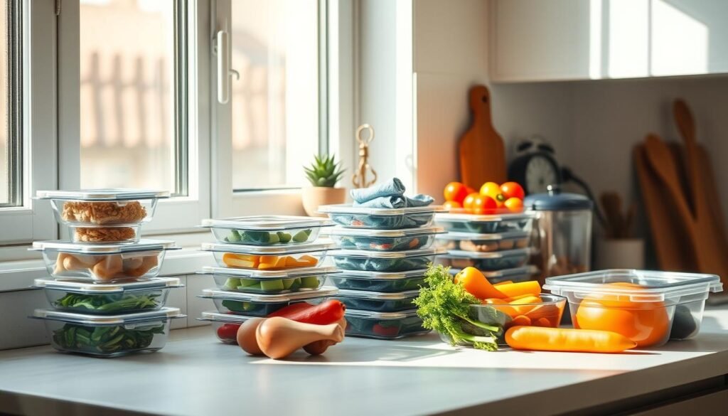 A neatly organized kitchen counter, showcasing a variety of meal prep containers, colorful vegetables, and a carefully planned weekly menu. Soft natural lighting filters through the window, casting warm shadows on the clean, minimalist surfaces. In the background, a small potted plant and a simple clock add a touch of tranquility, reflecting the benefits of thoughtful meal planning for a productive workday.