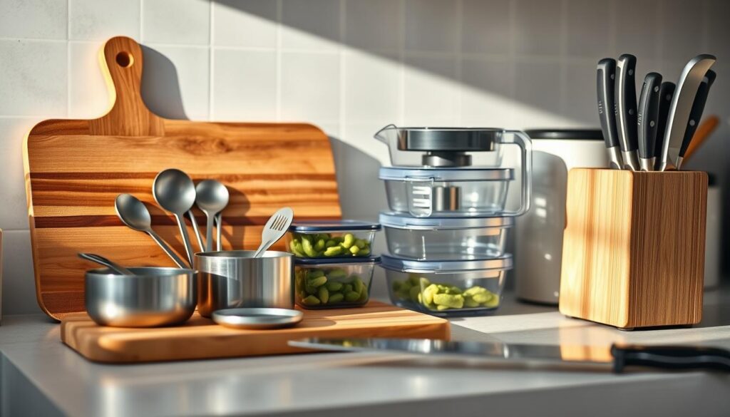 A neatly organized kitchen counter with a variety of efficient meal prep tools artfully arranged: a wooden cutting board, a set of stainless steel measuring cups and spoons, glass storage containers with airtight lids, a sleek food processor, and a high-quality chef's knife in a minimalist wooden knife block. The soft, natural lighting creates a warm, inviting atmosphere, highlighting the textures and colors of the tools. The overall scene conveys a sense of order, productivity, and a streamlined approach to meal planning and preparation.