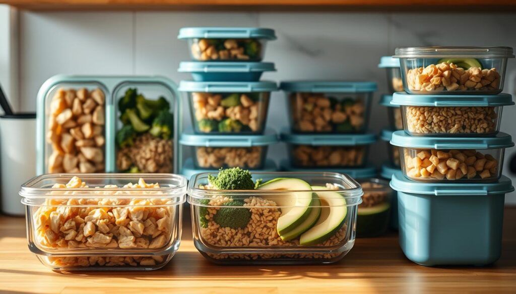 A neatly organized kitchen counter with a variety of meal prep containers, each filled with healthy, high-protein ingredients. Diced chicken, quinoa, broccoli, and sliced avocado are artfully arranged, suggesting an efficient, time-saving strategy. The lighting is soft and natural, casting a warm glow on the scene. The overall atmosphere is one of calm, focused productivity, with a minimalist aesthetic highlighted by the light blue accents and wooden textures. The composition emphasizes the careful planning and attention to detail that goes into successful meal prepping for the workweek ahead.