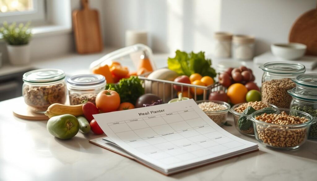 A neatly organized kitchen counter with a weekly meal planner open, surrounded by a variety of fresh produce, whole grains, and glass meal prep containers. Soft, directional lighting from a nearby window illuminates the scene, casting gentle shadows and highlighting the textures of the ingredients. The overall atmosphere is one of calm focus and intentionality, reflecting the care and planning that goes into crafting a week's worth of nutritious office meals.