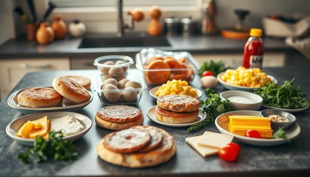 A neatly organized kitchen counter with an array of breakfast sandwich ingredients laid out in an orderly fashion. Crisp, golden English muffins, freshly cooked sausage patties, fluffy scrambled eggs, sliced cheese, and a variety of fresh herbs and condiments. Warm, diffused lighting illuminates the scene, highlighting the textures and colors of the carefully prepped components. The overall mood is one of efficiency and culinary preparedness, inviting the viewer to envision the satisfying, time-saving assembly of these homemade freezer-friendly breakfast sandwiches.