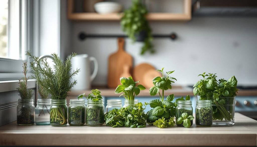 A neatly organized kitchen counter with an array of fresh herbs - rosemary, thyme, basil, and parsley - arranged in small jars and glass containers. The herbs are vibrant, their leaves gently swaying in the soft, diffused light filtering through a nearby window. The countertop has a simple, clean design with light blue accents, complementing the natural tones of the wood textures. The overall scene conveys a sense of tranquility and mindfulness, inviting the viewer to savor the aroma and appreciate the beauty of these versatile ingredients.