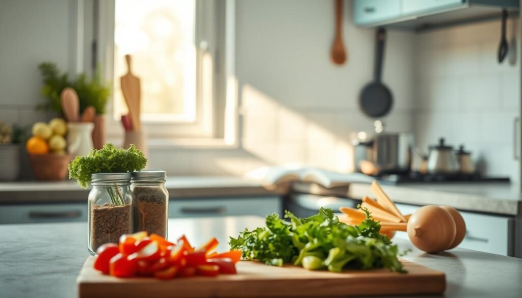 A neatly organized kitchen counter with an array of freshly chopped vegetables, jars of spices, and a cutting board in the foreground. In the middle ground, a simmering pot on the stove and a recipe book open on the counter. Warm, natural lighting filters in through a window, casting a cozy glow over the scene. The background features minimal, light blue accents on the cabinets and a few kitchen utensils hanging on the wall, creating a sense of simplicity and efficiency. This scene conveys the idea of a 