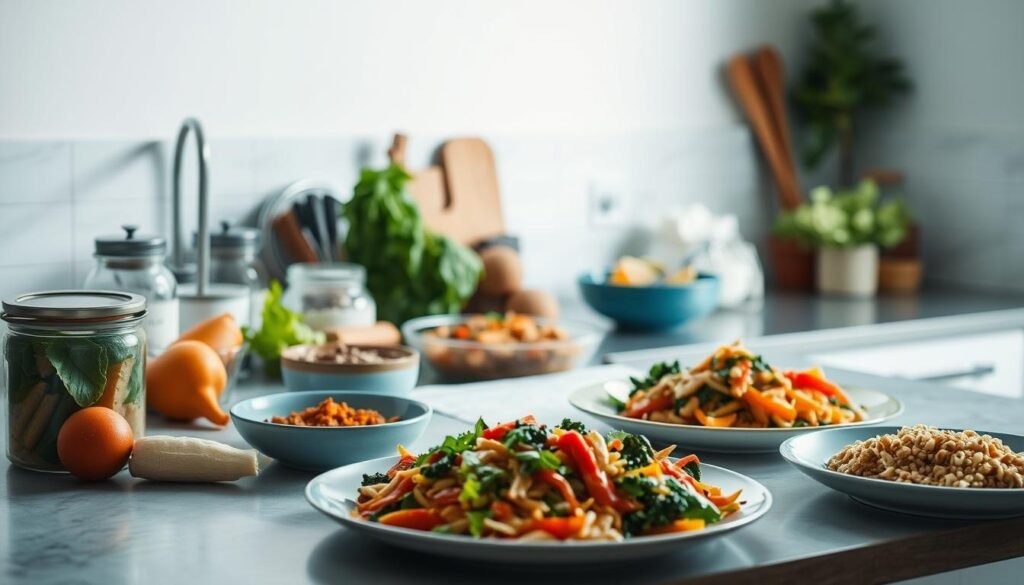 A neatly organized kitchen counter with an array of meal prep ingredients, including fresh vegetables, whole grains, and probiotic-rich foods like yogurt and fermented kimchi. A clean, minimalist aesthetic with soft natural lighting and muted blue accents. In the foreground, a step-by-step guide to building a nutritious, gut-friendly dinner, including detailed illustrations and simple instructions. The middle ground features a selection of colorful, wholesome dishes, each designed to support digestive health. The background showcases a serene, uncluttered space, inviting the viewer to embrace a mindful, wellness-focused approach to meal planning.