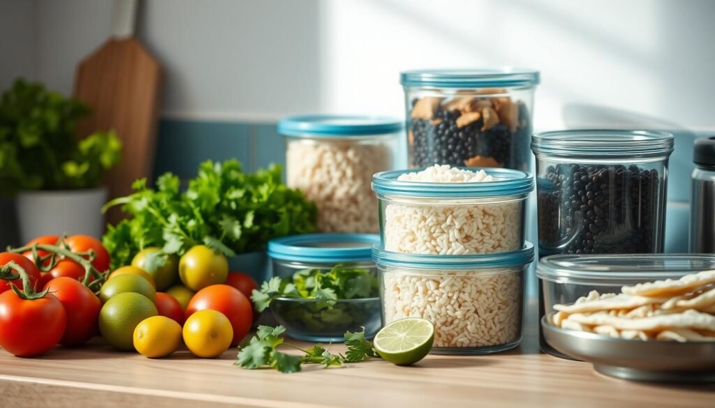 A neatly organized kitchen counter with an assortment of fresh Mexican ingredients - vibrant tomatoes, crisp lettuce, juicy limes, and aromatic cilantro. Glass containers filled with cooked rice, black beans, and shredded chicken stand ready for efficient meal prep. A minimalist aesthetic with light blue accents complements the warm wooden textures, creating a calming, inviting atmosphere. The scene is bathed in soft, natural lighting, capturing the simplicity and efficiency of a Mexican-inspired meal prep routine.