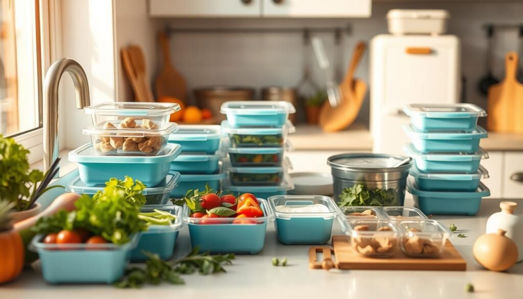 A neatly organized kitchen counter with various meal prep containers, surrounded by fresh vegetables, herbs, and cooking utensils. Warm, natural lighting highlights the efficiency and convenience of the setup. The scene conveys a sense of calmness and control, suggesting the benefits of meal prepping to save time and reduce cleanup. The minimal, clean design with light blue accents creates a soothing, inviting atmosphere.