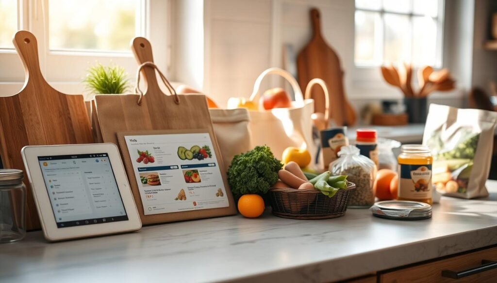 A neatly organized kitchen counter with wooden cutting boards, reusable canvas bags, and a tablet displaying grocery lists and price comparisons. Soft natural lighting filters through large windows, casting a warm glow on the scene. Carefully selected produce, canned goods, and other pantry staples are arranged in an efficient, visually appealing manner, reflecting smart shopping strategies. The overall atmosphere conveys a sense of mindfulness, planning, and a commitment to making the most of each grocery trip.