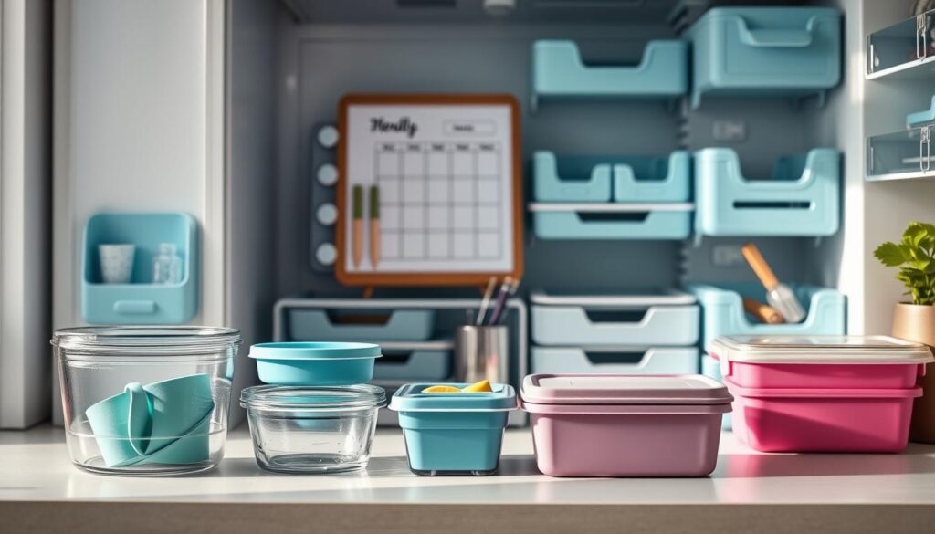A neatly organized kitchen countertop showcases a variety of smart fridge organization tools. In the foreground, a set of sleek glass food storage containers with airtight lids sit alongside a set of vibrant silicone bento boxes. In the middle ground, a modern magnetic dry-erase board displays a weekly meal plan, accompanied by a collection of magnetic clip holders and a stylish pen cup. In the background, a series of modular fridge bins and drawer organizers in light blue hues line the shelves, creating a visually harmonious and highly functional fridge interior. The scene is bathed in soft, natural lighting, highlighting the clean lines and thoughtful design of the organizational tools, conveying a sense of efficiency and order.