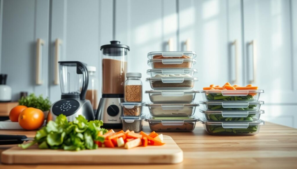 A neatly organized kitchen countertop showcases a variety of well-prepped ingredients and meal containers. In the foreground, a cutting board displays freshly chopped vegetables, while a blender, a jar of spices, and a stack of airtight food storage boxes occupy the middle ground. The background features sleek, light blue cabinet doors and a simple, minimalist decor, creating a calming, efficient atmosphere. Soft, natural lighting filters in, highlighting the textures of the wooden surfaces and the care taken in the meal prep process. The scene conveys a sense of intentionality and control, inspiring the viewer to approach their own meal preparation with a similar level of organization and attention to detail.