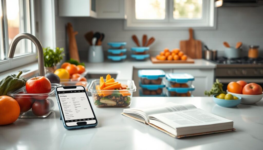 A neatly organized kitchen countertop showcases an array of meal prep containers, fresh produce, and cooking utensils. Crisp lighting from large windows casts a warm, natural glow, highlighting the clean, minimalist style of the space with light blue accents. On the counter, a smartphone displays a detailed weekly meal plan, complemented by a sleek, hardcover recipe book. The scene conveys a sense of calm efficiency, capturing the mindful process of planning nutritious, portion-controlled cold lunches for the week ahead.
