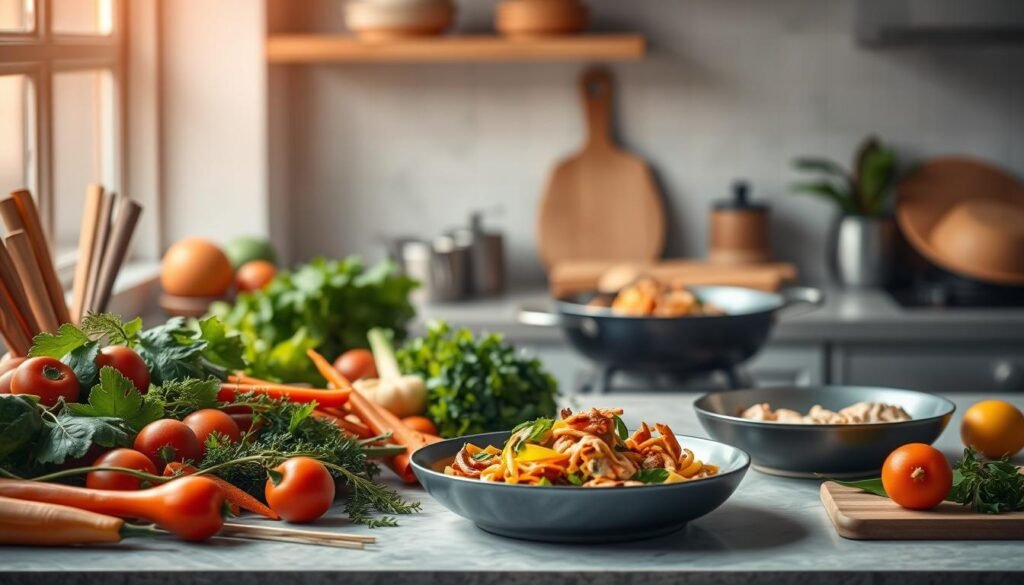 A neatly organized kitchen countertop showcases an artful display of stir-fry preparation in a series of elegant one-pot meals. Vibrant vegetables, aromatic herbs, and marinated proteins are arranged in a harmonious composition, bathed in warm, diffused lighting that accentuates their fresh, natural colors. The mise en place evokes a sense of culinary mastery, inviting the viewer to imagine the bold, umami-rich flavors that will emerge from these carefully curated ingredients. The overall atmosphere is one of calm, mindful efficiency - a celebration of the simple pleasures found in the process of crafting nourishing, flavor-forward Asian-inspired dishes.