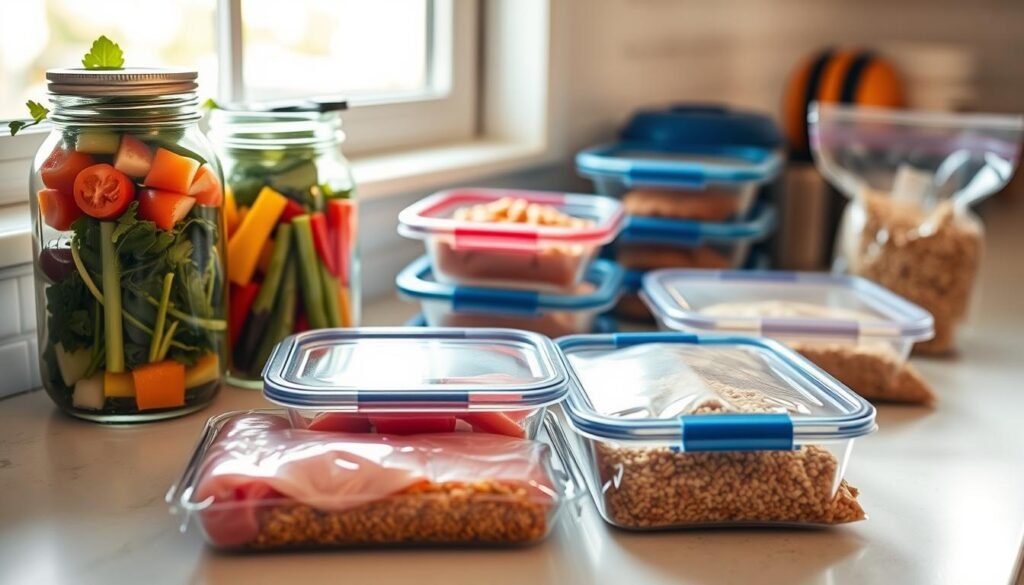 A neatly organized kitchen countertop showcases an assortment of healthy, freezer-friendly meal components: mason jars filled with colorful vegetables, airtight containers housing lean proteins, and reusable silicone bags of pre-portioned grains. Soft, natural lighting filters through a nearby window, casting a warm glow on the scene. The overall atmosphere conveys a sense of efficiency, practicality, and a commitment to a busy yet wellness-oriented lifestyle.