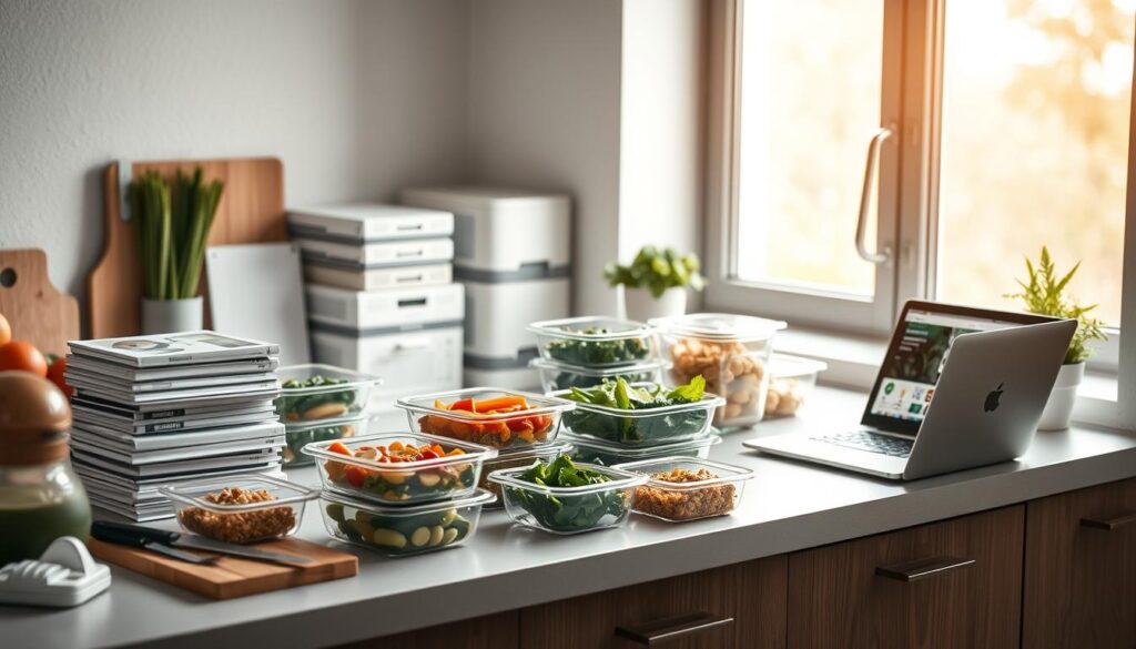 A neatly organized kitchen countertop with an assortment of freshly prepared meals in glass containers, a stack of meal prep guides, and a laptop displaying a productivity app. The scene is bathed in soft, natural lighting from a large window, highlighting the clean, minimalist aesthetic of the space. On the counter, a cutting board, a variety of fresh vegetables, and a few kitchen tools suggest the preparation process. The overall mood is one of efficiency, organization, and a balanced approach to healthy living during the workday.