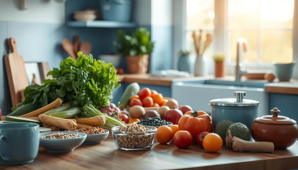 A neatly organized kitchen with natural wooden surfaces, soft blue accents, and no visible hands. An array of fresh ingredients - crisp vegetables, vibrant fruits, and a variety of whole grains - are arranged with care on the countertop, ready for effortless meal preparation. The light from a large window bathes the scene in a warm, soothing glow, creating a tranquil, stress-free atmosphere. The overall composition conveys a sense of mindfulness and simplicity, reflecting the ease of putting together a flavorful, no-heat lunchbox meal at home.