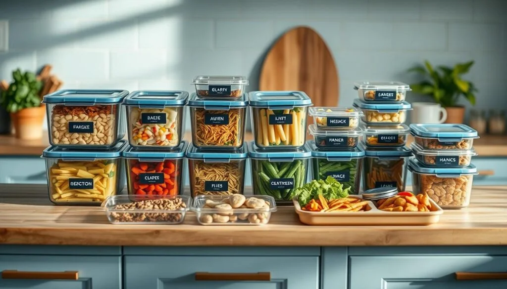 A neatly organized meal component system displayed on a wooden kitchen counter with light blue accents. Various containers, labeled and arranged in a visually appealing grid, showcase different ingredients and prepared meal components. The lighting is soft and natural, highlighting the textures and colors of the setup. The composition emphasizes the efficiency and customizability of the component system, conveying the idea of a streamlined dinner meal prep routine.