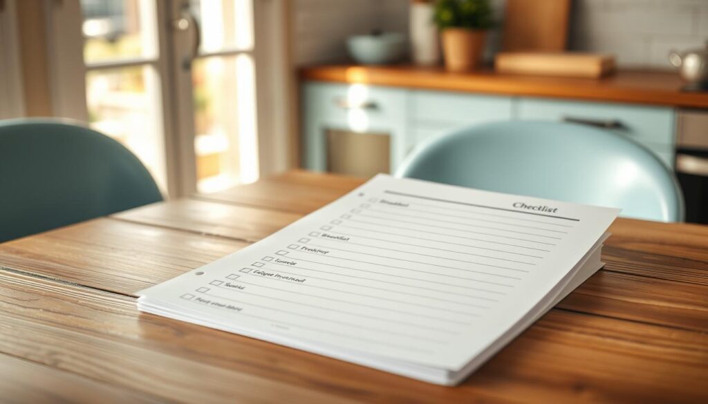 A neatly organized meal planning checklist sits atop a wooden kitchen table, its clean lines and minimal design complementing the cozy, light blue accents that fill the space. The checklist features categories like 