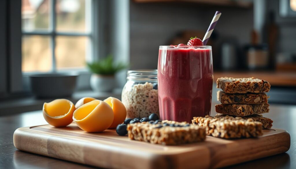 A neatly organized meal prep arrangement featuring a variety of protein-rich breakfast items against a backdrop of a cozy, minimalist kitchen. Crisp, golden hardboiled eggs, glistening berry smoothie, fluffy overnight oats, and crunchy granola bars are carefully placed on a wooden cutting board. Soft, diffused lighting from a window casts gentle shadows, emphasizing the textures and colors. The scene conveys a sense of intentionality, efficiency, and nutrition-focused meal planning.