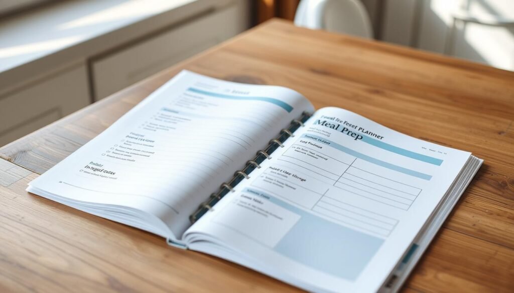 A neatly organized meal prep planner, its pages meticulously laid out on a wooden kitchen counter. The checklist is clean and minimalist, with light blue accents. Precise sections for ingredients, recipes, and storage notes, all presented in a visually appealing manner. The scene is bathed in soft, natural lighting, creating a calm and inviting atmosphere. A sense of order and purposefulness pervades the image, reflecting the practical tips for meal prepping and storage strategies.