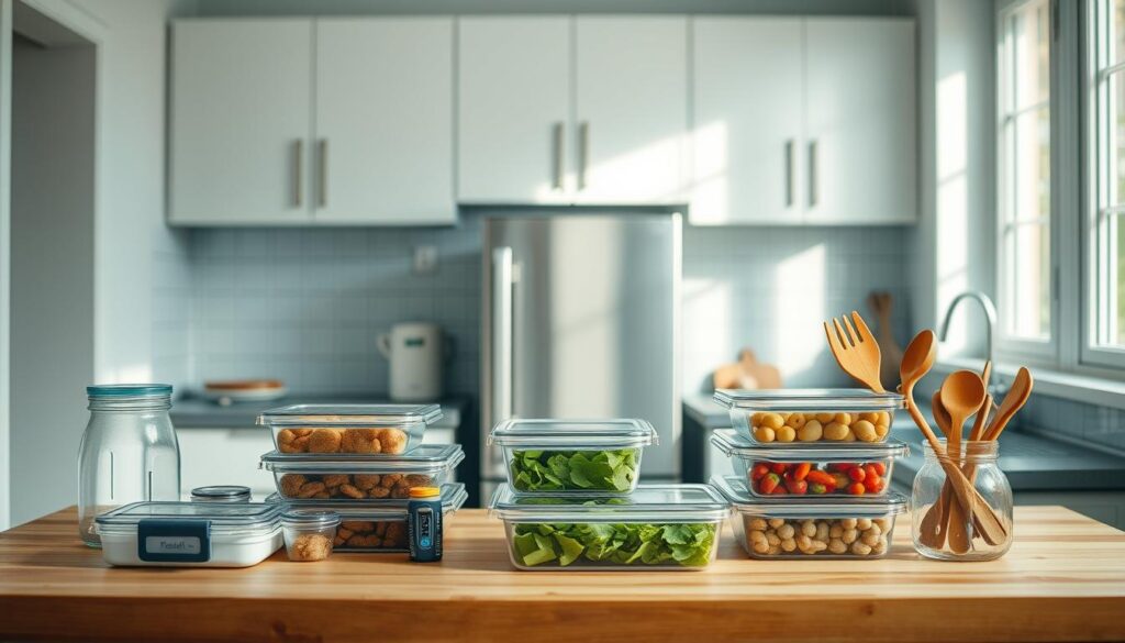 A neatly organized meal prep station in a cozy, minimalist kitchen. Glass food containers, reusable utensils, and a label maker sit atop a wooden countertop. Soft natural light filters in through large windows, casting a warm glow. In the middle ground, a sleek, compact refrigerator keeps prepped meals fresh. The background features simple white cabinetry and light blue-tiled walls, creating a calm, efficient atmosphere for meal planning and preparation.