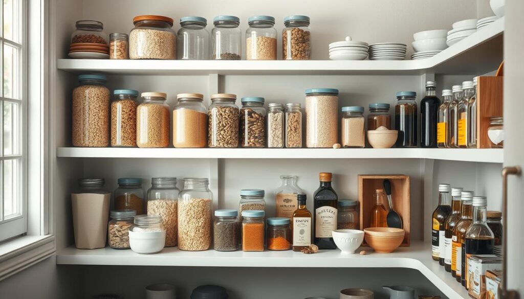A neatly organized pantry filled with glass jars, wooden crates, and earthenware bowls, bathed in soft, natural light filtering through a nearby window. An array of healthy, versatile staples like quinoa, lentils, oats, and an assortment of spices, oils, and vinegars. Hints of light blue accent the shelves, creating a calming, minimalist atmosphere. The scene exudes a sense of preparedness and efficiency, perfect for quick, nutritious meals on the go.
