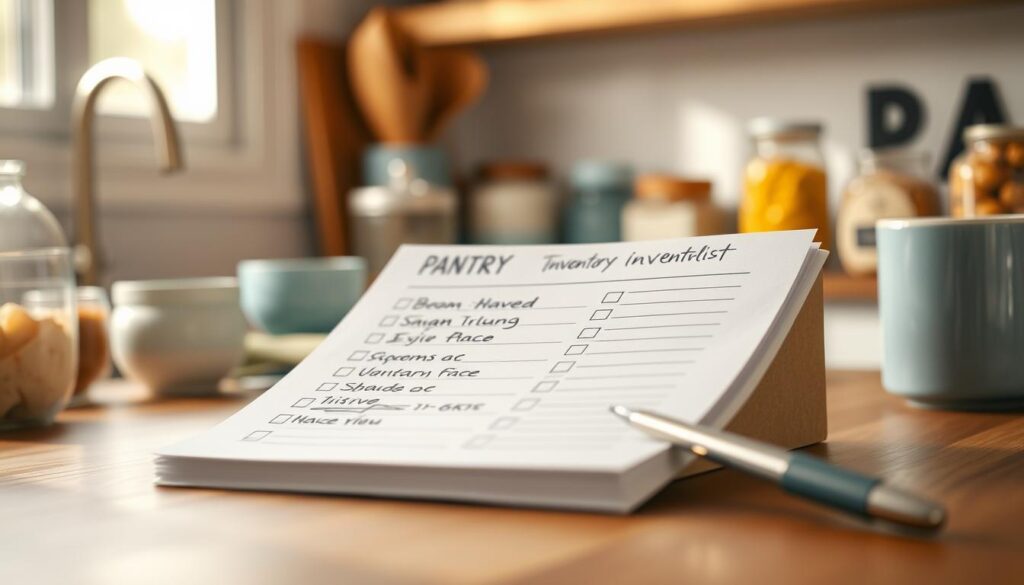 A neatly organized pantry inventory checklist rests on a wooden kitchen counter, surrounded by minimal decor and light blue accents. The checklist features handwritten items in a clean, legible font, with checkboxes next to each item. The scene is bathed in soft, natural lighting, creating a calming and inviting atmosphere, perfect for planning a well-stocked office pantry for successful meal prep.