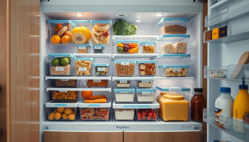 A neatly organized refrigerator with categorized food storage in a cozy, minimal kitchen. The shelves are lined with transparent containers, each labeled with the contents. Fruits and vegetables occupy the top shelves, while prepared meals and leftovers fill the middle sections. The bottom drawers hold dairy products and condiments. Soft, directional lighting from above highlights the clean, organized layout. The wooden textures and light blue accents create a calming, efficient atmosphere, perfect for meal prepping and sharing with coworkers.