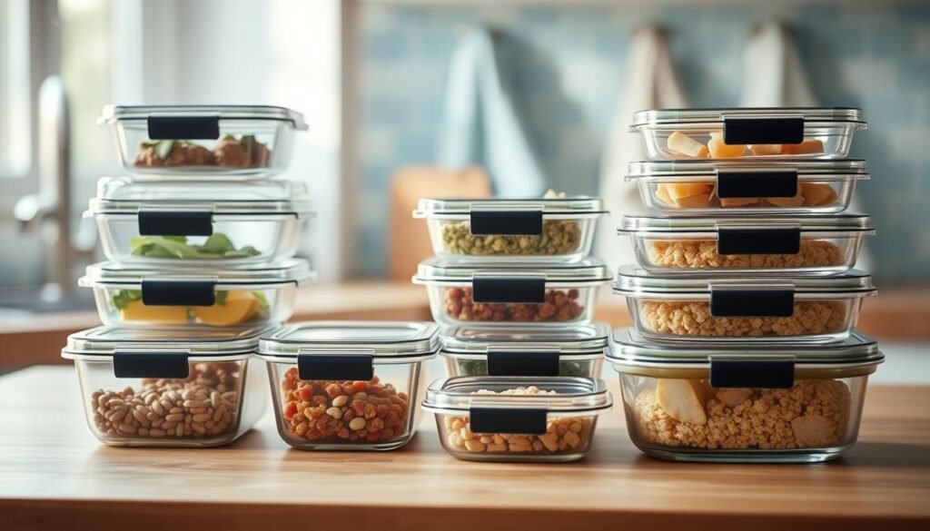 A neatly organized set of glass meal prep containers sit on a wooden kitchen counter. The containers have snap-on lids and are arranged in a visually pleasing grid, with some stacked and others positioned side-by-side. Soft natural light filters in through a nearby window, casting a warm glow on the containers and highlighting their clean, minimalist design. The background features light blue accents, perhaps in the form of a backsplash or towels, creating a calming, organized atmosphere perfect for meal prepping and storing leftovers.